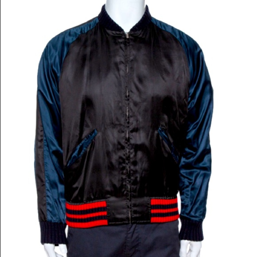 Black Satin Eagle Embroidered Bomber Jacket -L